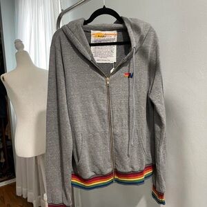 Vintage Dead stock Aviator Nation Gray Hoodie with Rainbow Trim
